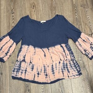 entro Navy and Blush Tie-Dye Tiered Peasant Tunic